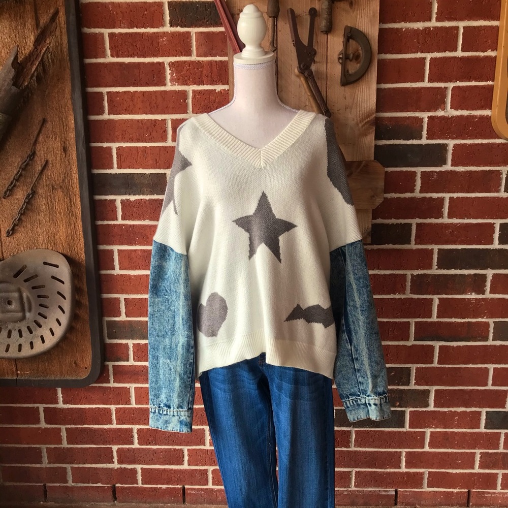 White Top with Denim Long Sleeves